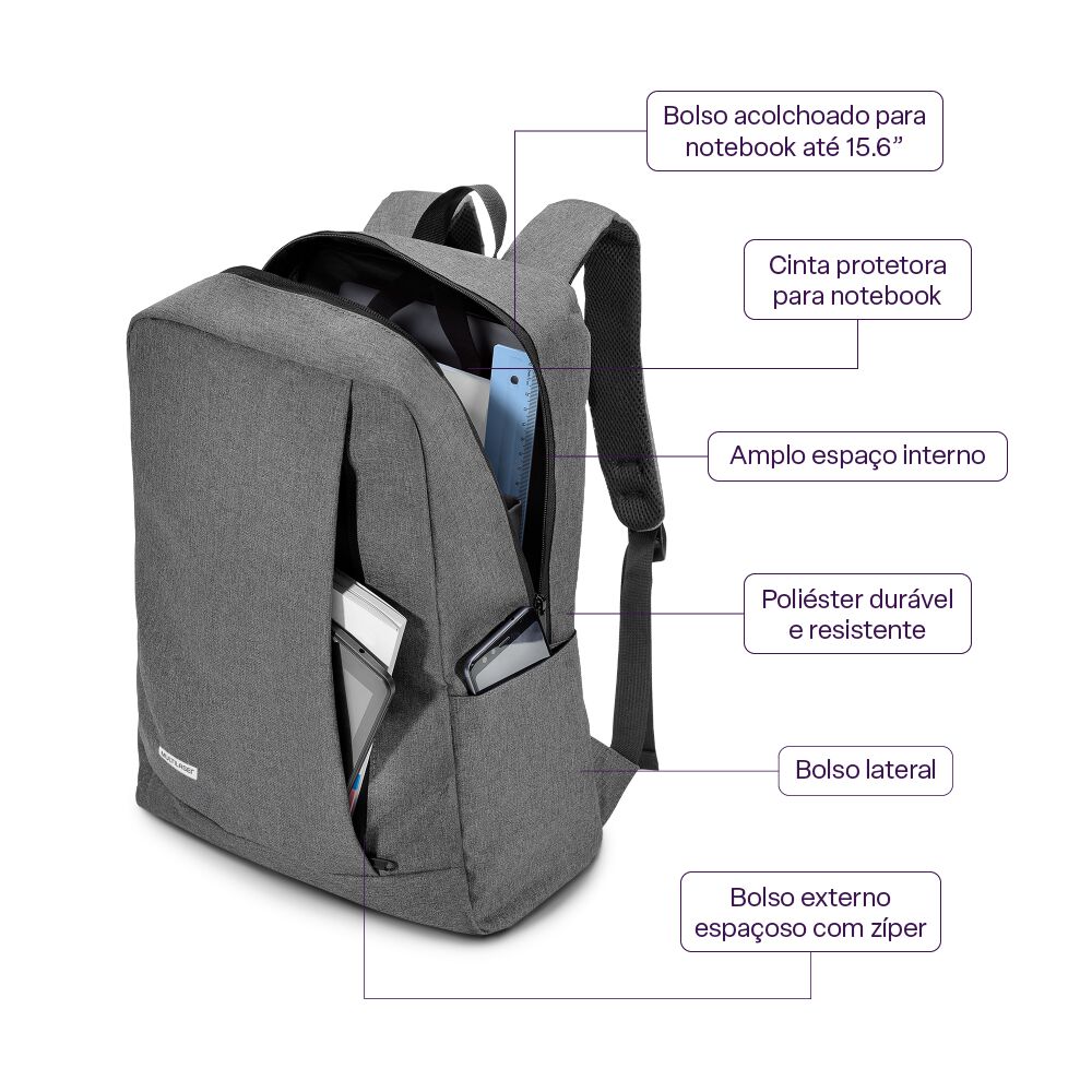 Mochila Notebook Multilaser Classic Gris Bo438 image number 8.0