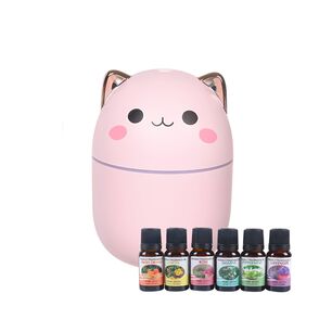 Pack Humidificador Dise&ntilde;o Gato Rosa + 6 Esencias Aromaticas