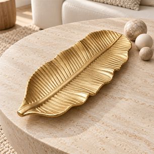 Bandeja Decorativa Hoja Alargada Dorada Estilo Moderno 47 Cm