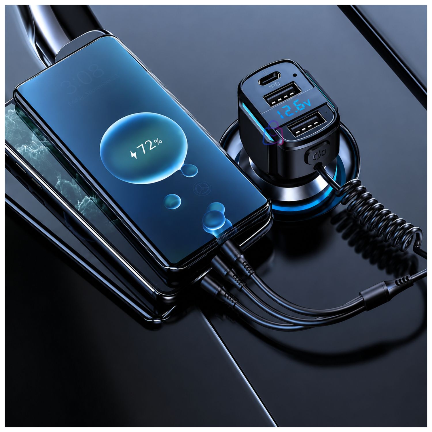 Cargador Auto Rgb Usb Pd 36/65w Cable 3 En 1 - Ps image number 1.0