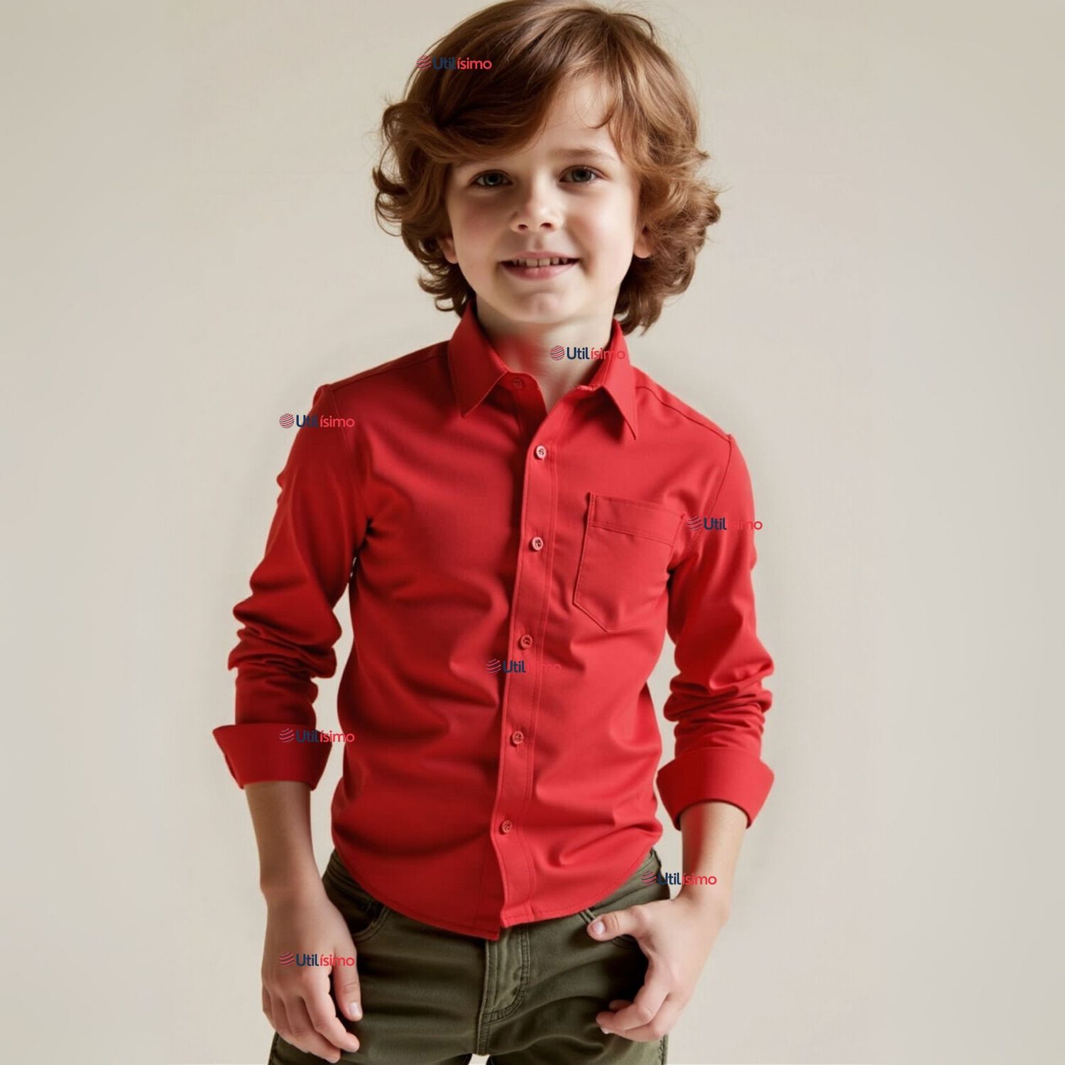 Camisa Casual De Vestir Manga Larga Cuello Americano 100% Algod&oacute;n Rojo image number 0.0