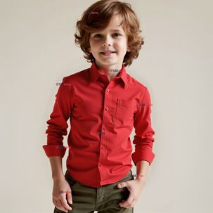 Camisa Casual De Vestir Manga Larga Cuello Americano 100% Algod&oacute;n Rojo