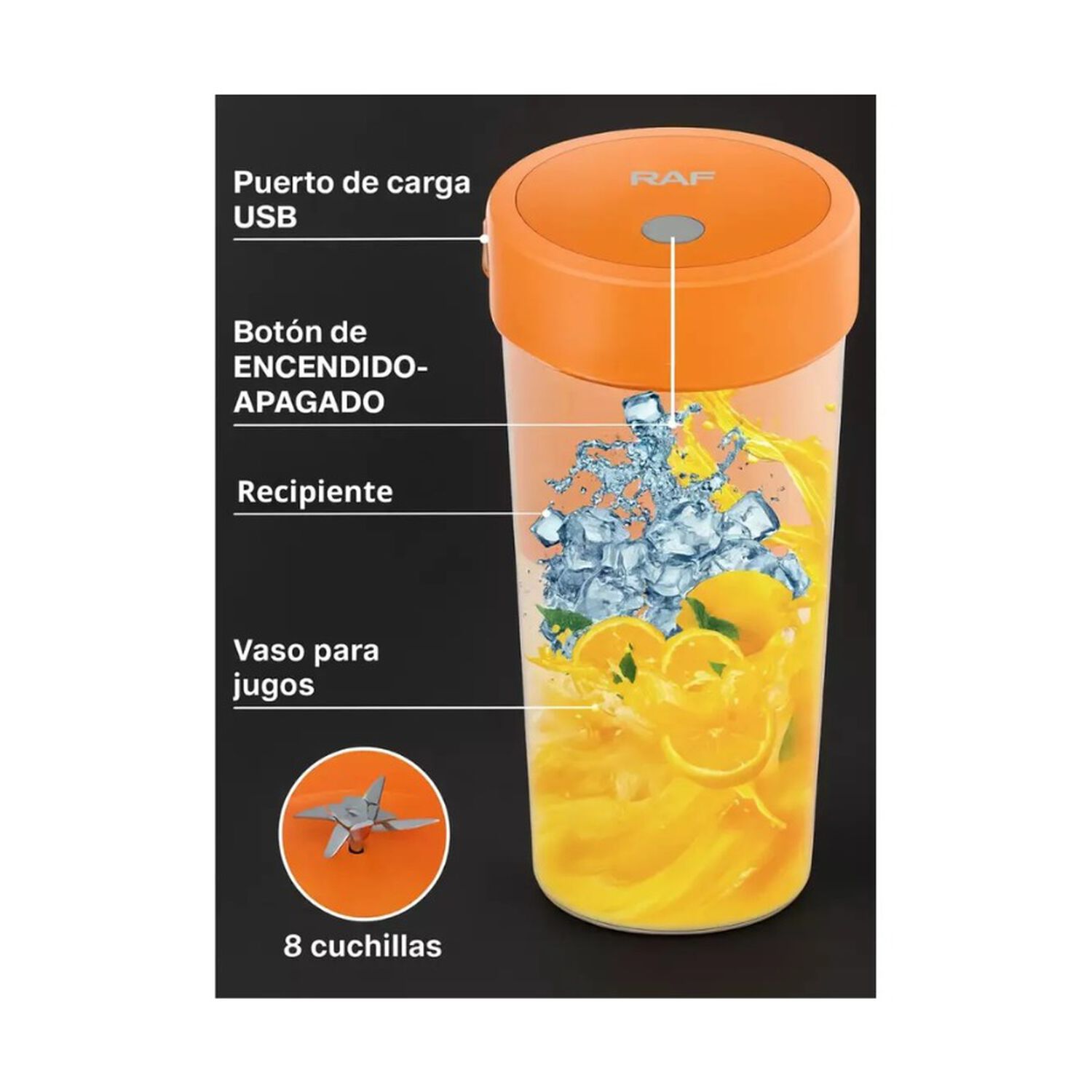 Vaso Batidor Mezclador Port&aacute;til 300ml Para Jugos Y Batidos Naranja image number 3.0