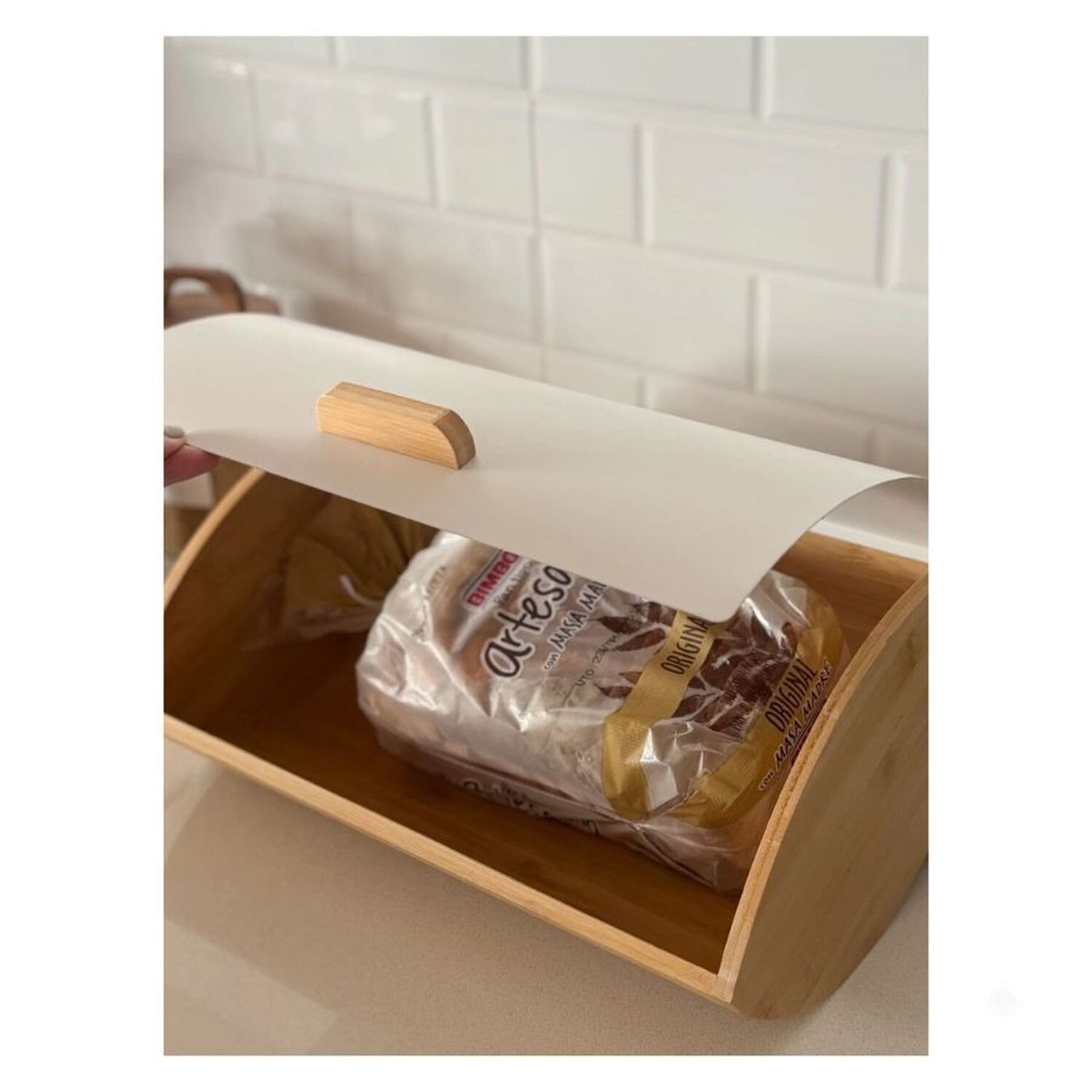 Panera De Bamb&uacute; Con Tapa Blanca Organizador De Cocina image number 2.0