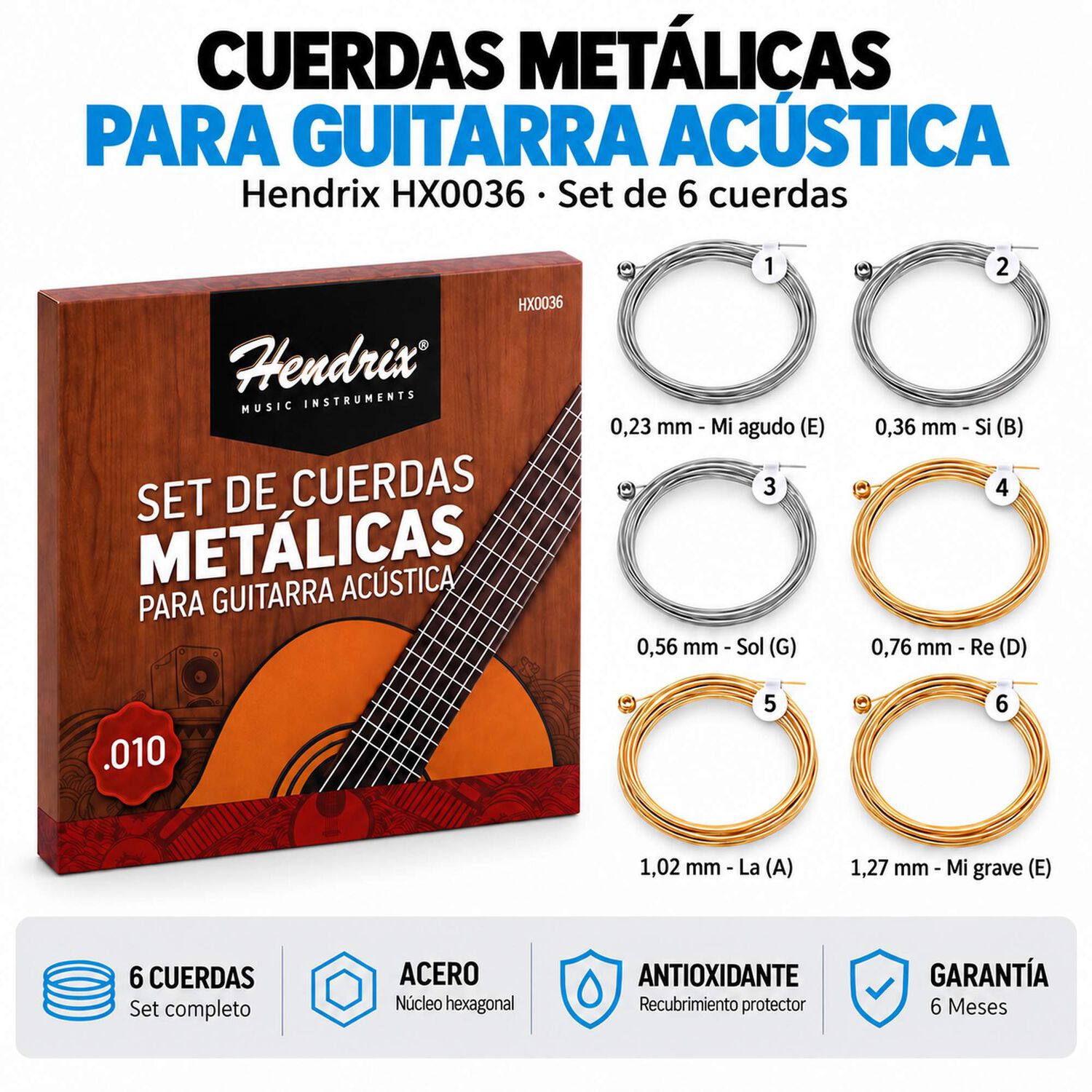 Set 6 Cuerdas Met&aacute;licas Guitarra Ac&uacute;stica Hendrix Hx0036 image number 4.0
