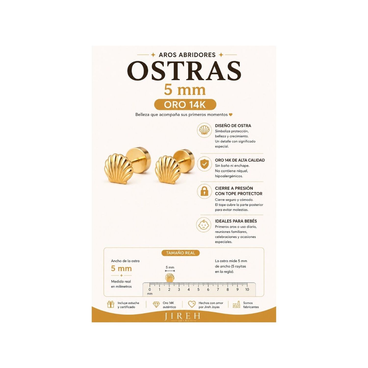 Aros Abridores Ostras 5mm Oro 14k Beb&eacute; Hipoalerg&eacute;nico Dorado image number 4.0
