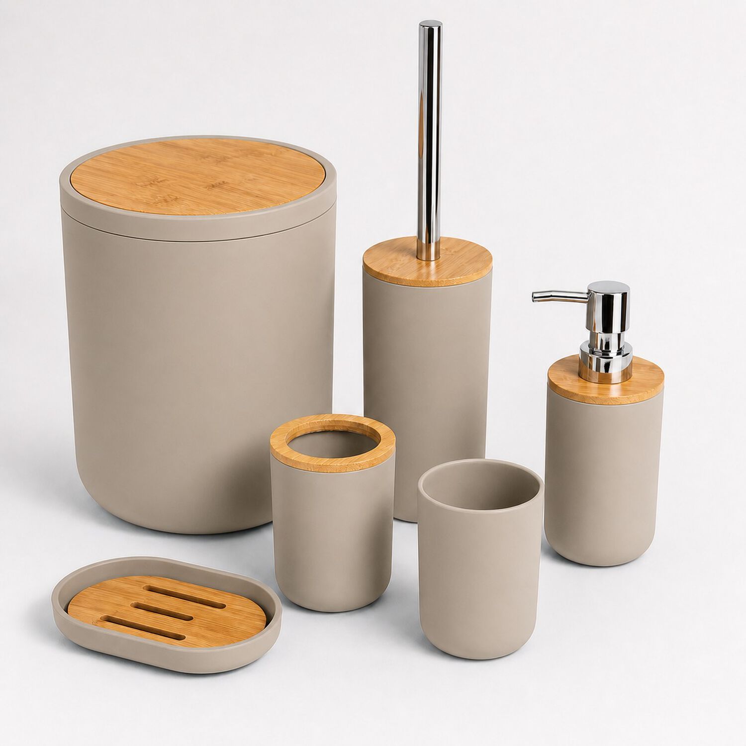 Set De Ba&ntilde;o Completo 6 Piezas De Abs Y Bambu Color Taupe Con Basurero Dispensador Y Escobilla image number 2.0