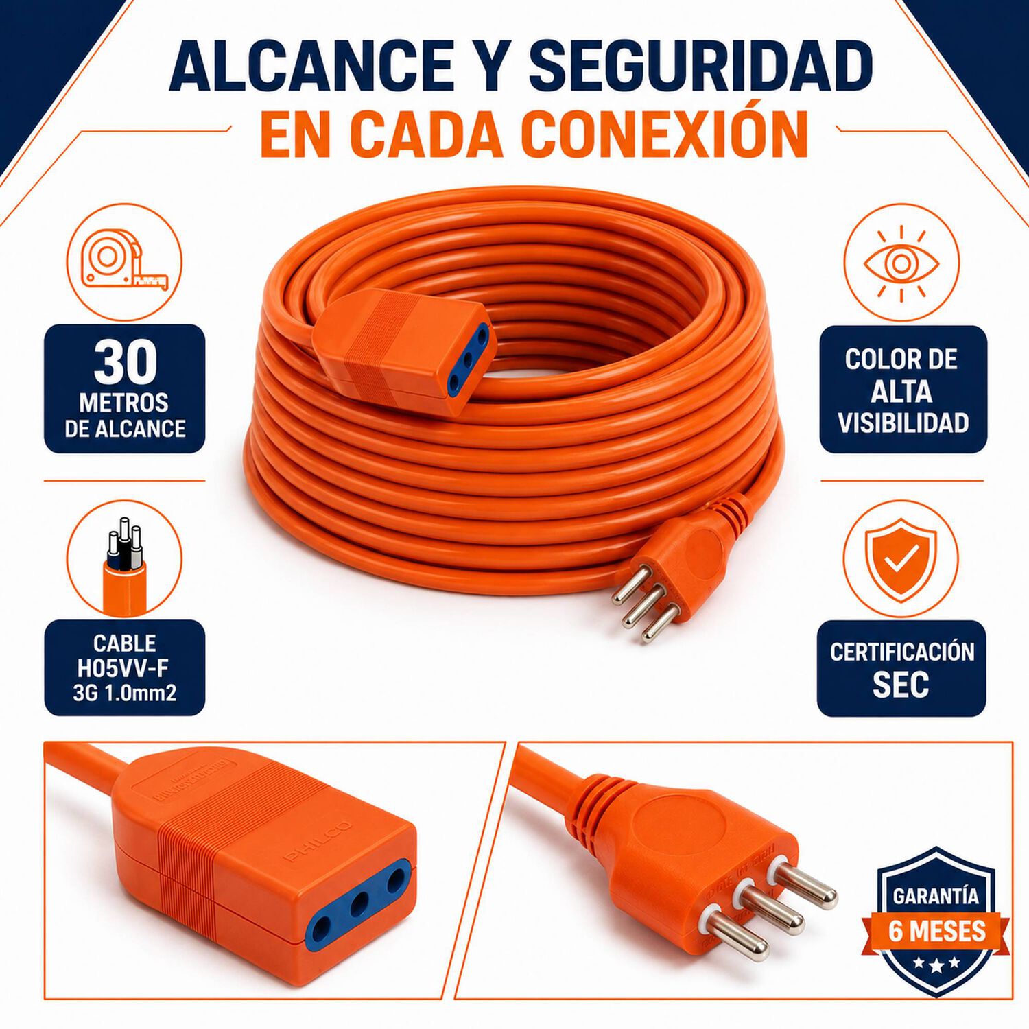 Extensi&oacute;n El&eacute;ctrica 30 Metros Sec Xt49 / 2500w / 10a Naranjo image number 4.0