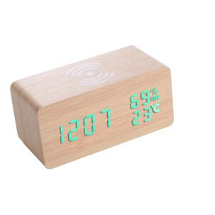 Reloj digital de madera con carga inalámbrica para teléfonos