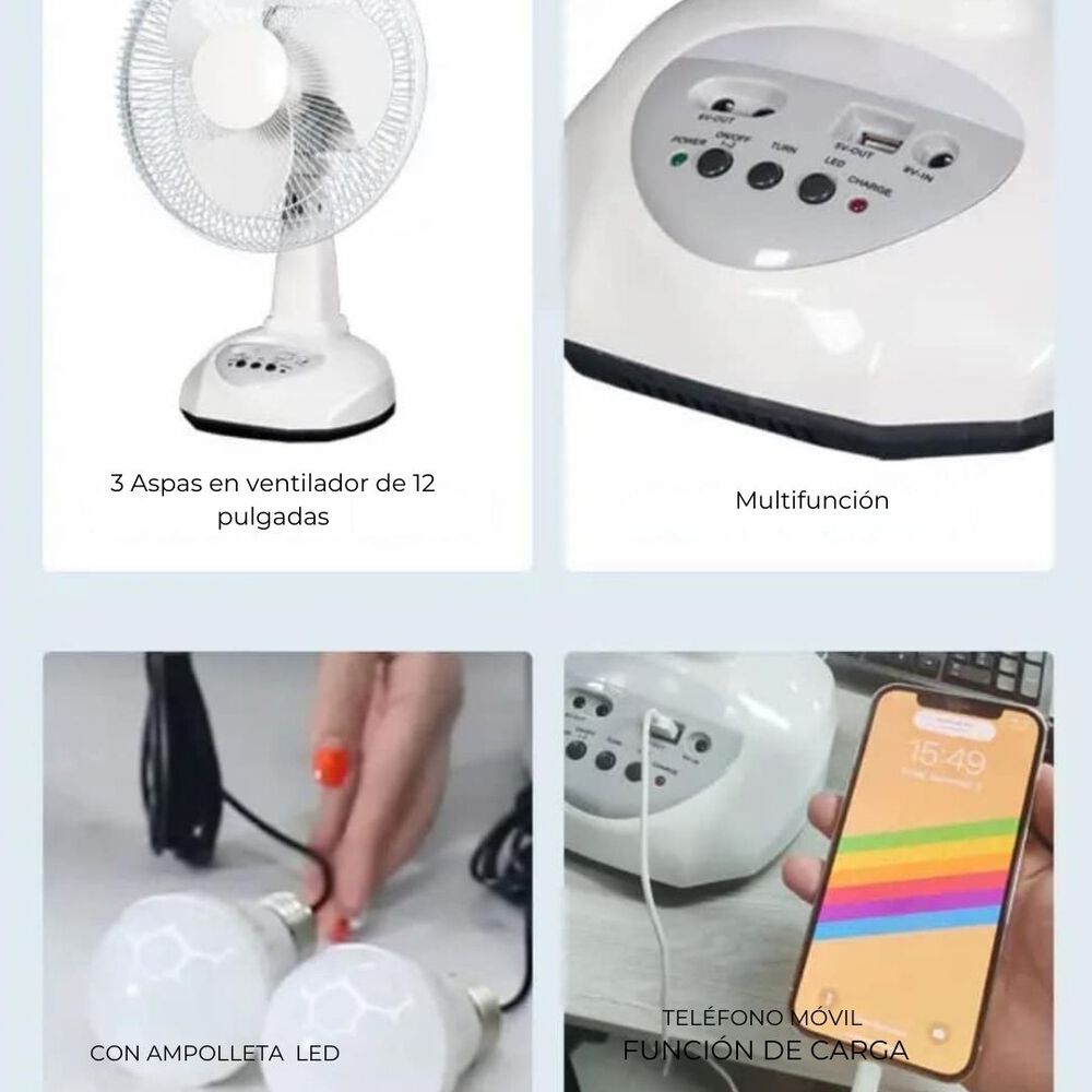 Ventilador Recargable Con Panel Solar Puerto Usb Luz Led 2 Ampollas Gratis image number 5.0
