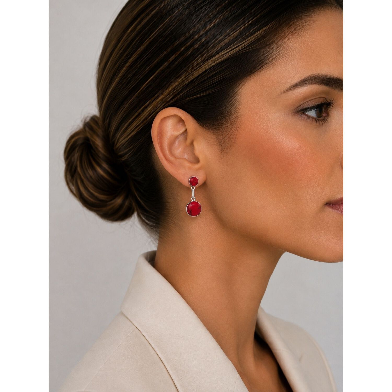Aros Granate Circular Plata 950 Tornillo Mariposa Colgantes Mujer Elegantes Piedra Roja. image number 4.0