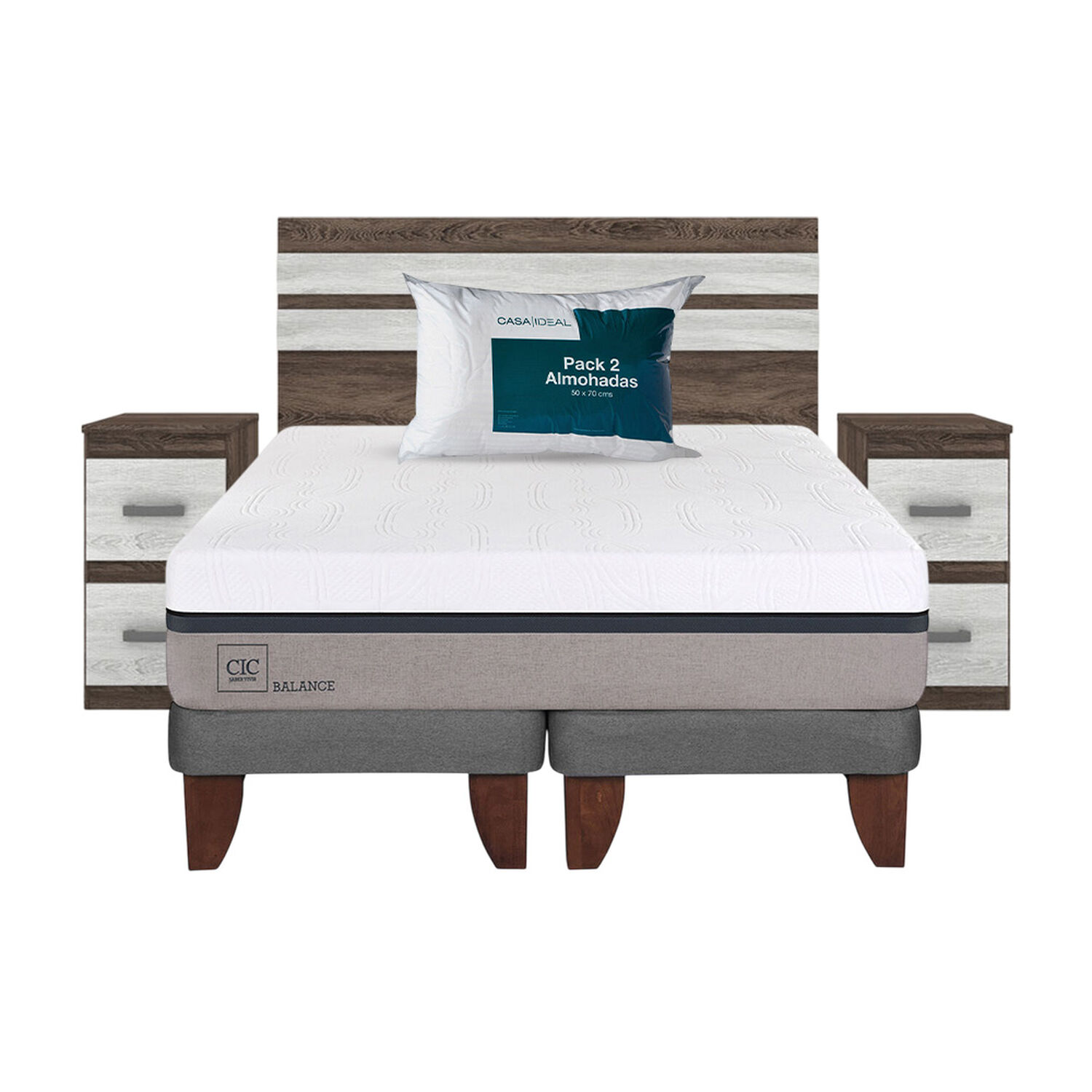 Cama Europea Cic Balance / 2 Plazas / Base Dividida + Set De Maderas Madrid + Pack De Almohadas 50x70 Cm image number 0.0