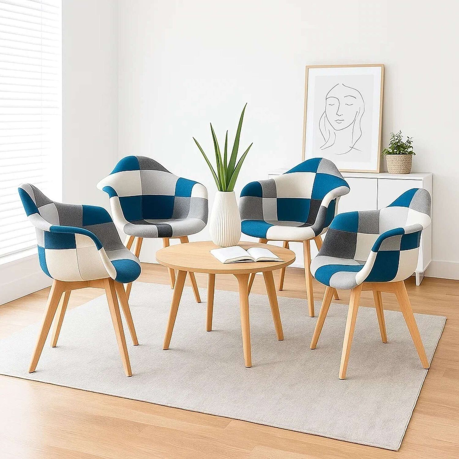 Pack De 4 Butacas Sitial Patchwork Acolchado Wood - Celeste image number 1.0