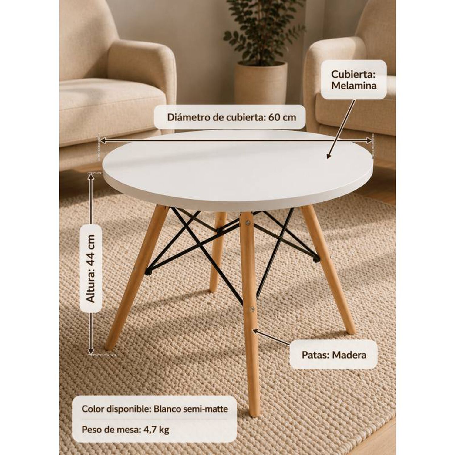 Mesa Infantil Eames Kids Redonda 60 Cm Blanca Patas De Madera image number 5.0