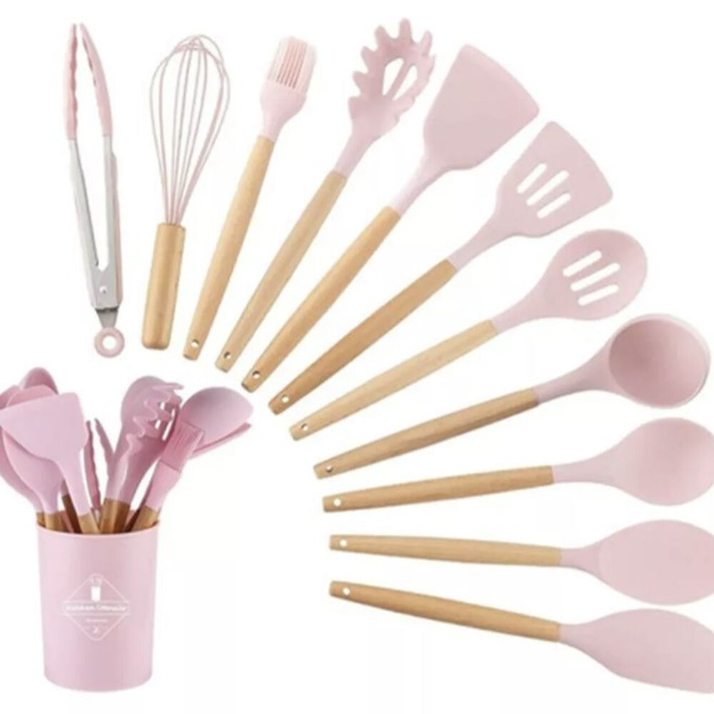 Set 12 Utensilios Cocina Mango Silicona Y Madera Repostería Rosa image number 0.0
