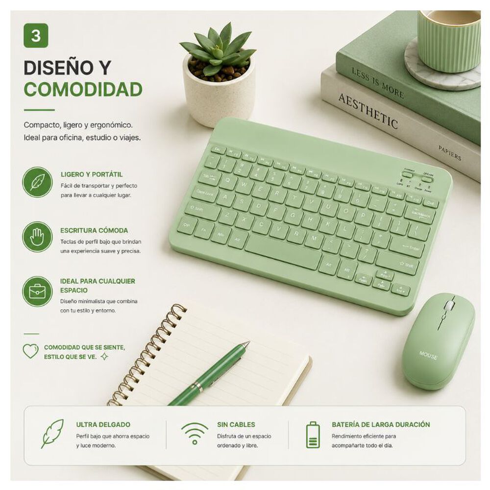 Kit De Teclado Mouse Para Ipad O Tablet Android Slim Verde image number 3.0