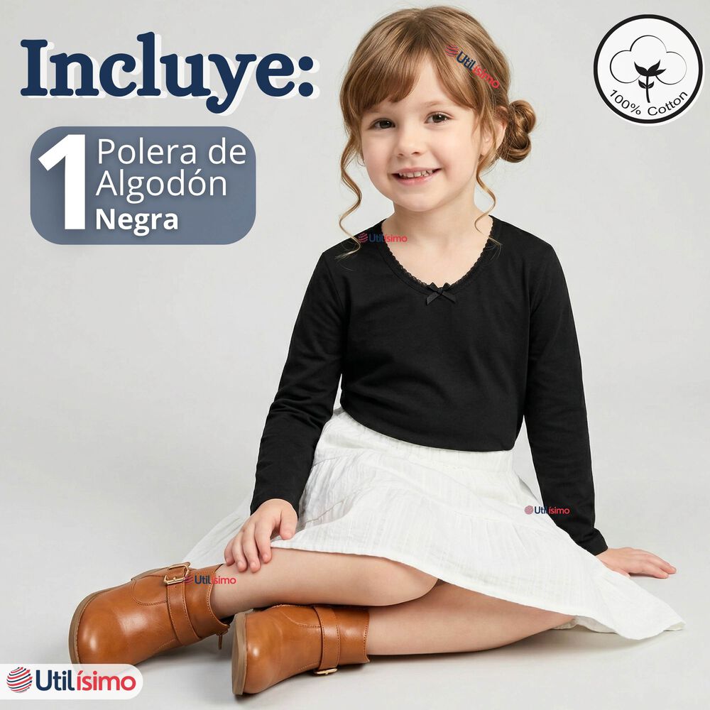 Camiseta Polera Algod&oacute;n Cuello Redondo Negra Primera Capa Manga Larga Ni&ntilde;a image number 1.0