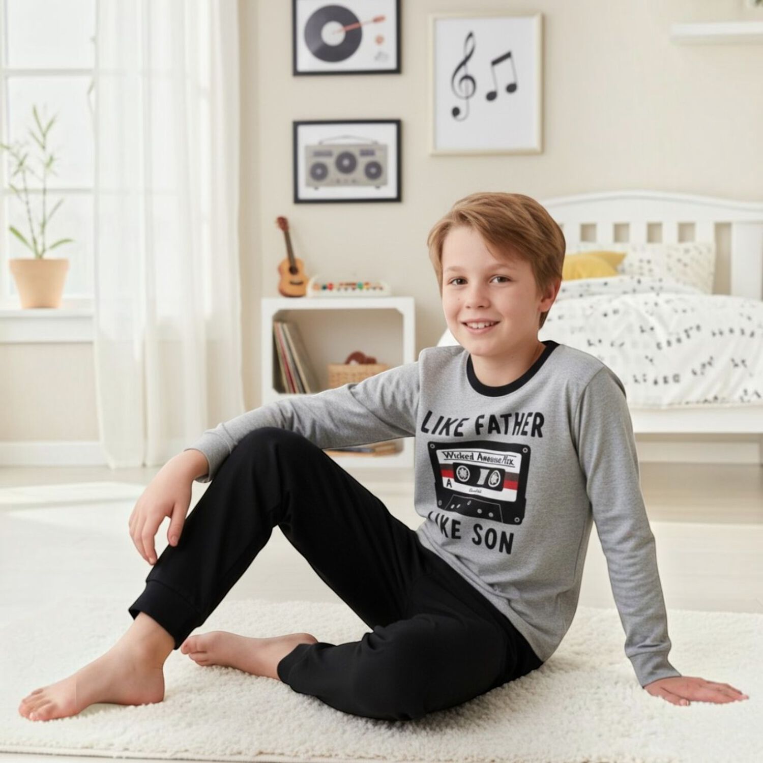 Pijama Ni&ntilde;o Algod&oacute;n Estampado Like Father Like Son Gris image number 1.0
