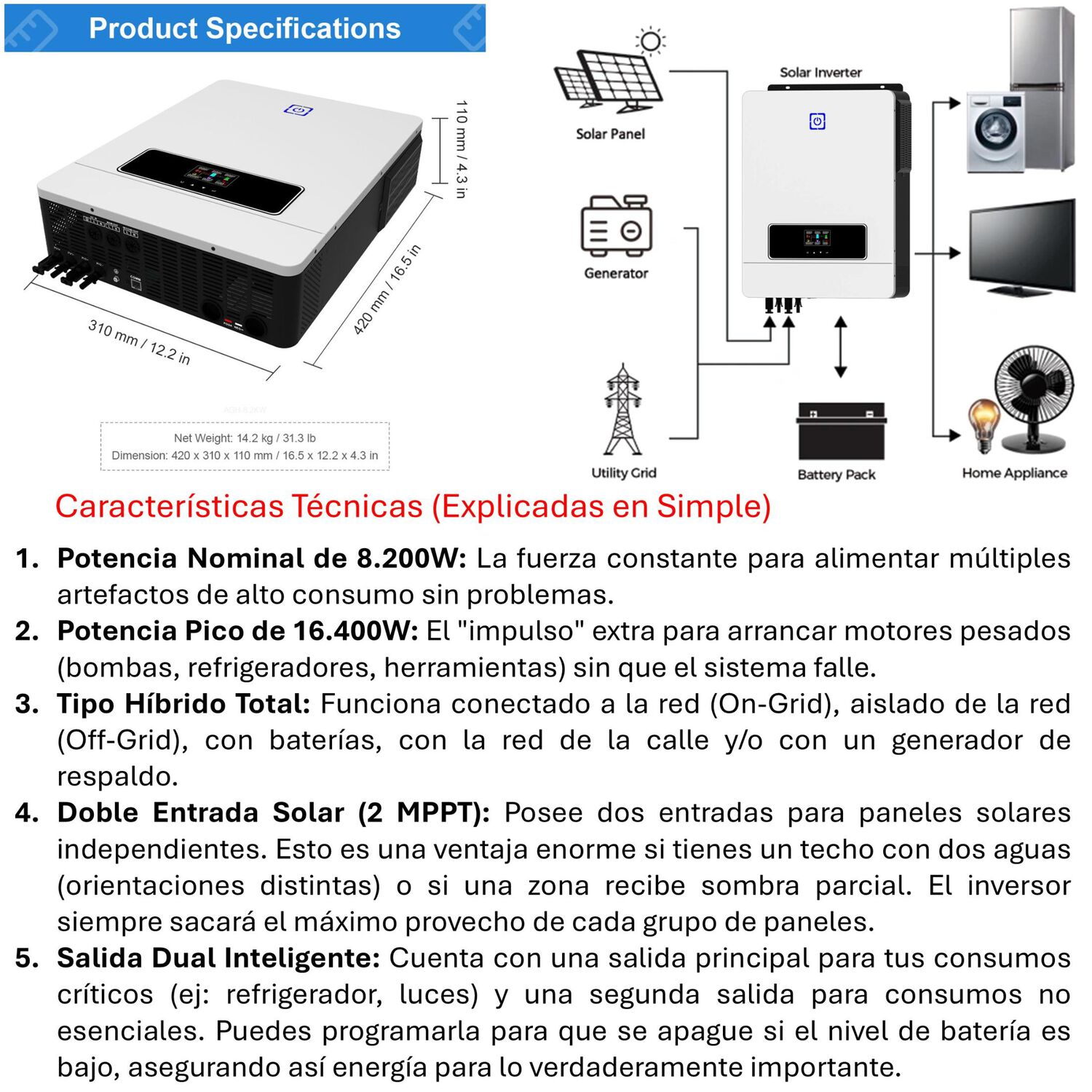 Inversor Solar Con Wifi H&iacute;brido 8200w Potencia M&aacute;xima 16400w image number 3.0