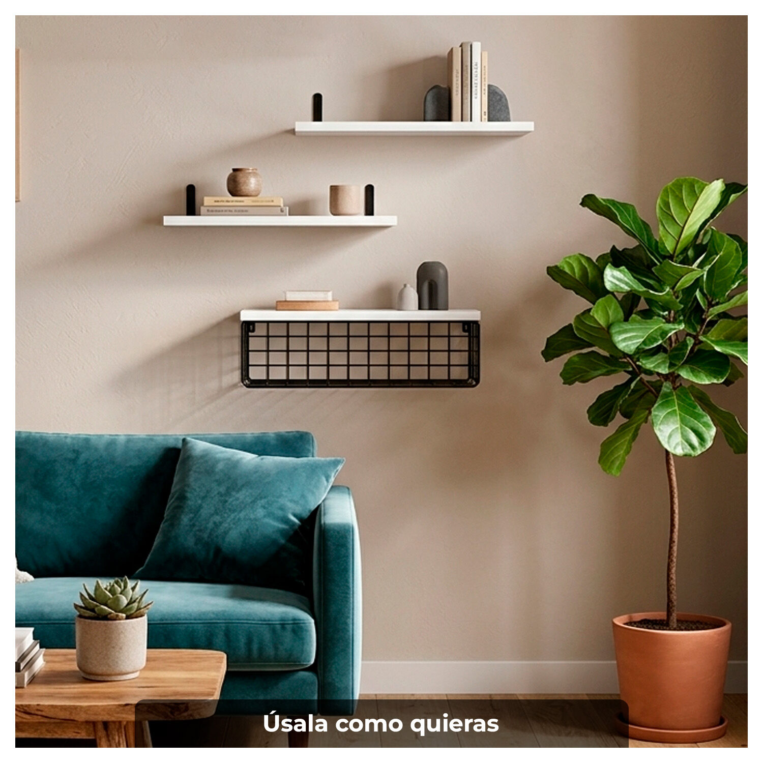 Repisas Flotantes De Madera Set De 3 Niveles Con Canasta Met&aacute;lica image number 2.0
