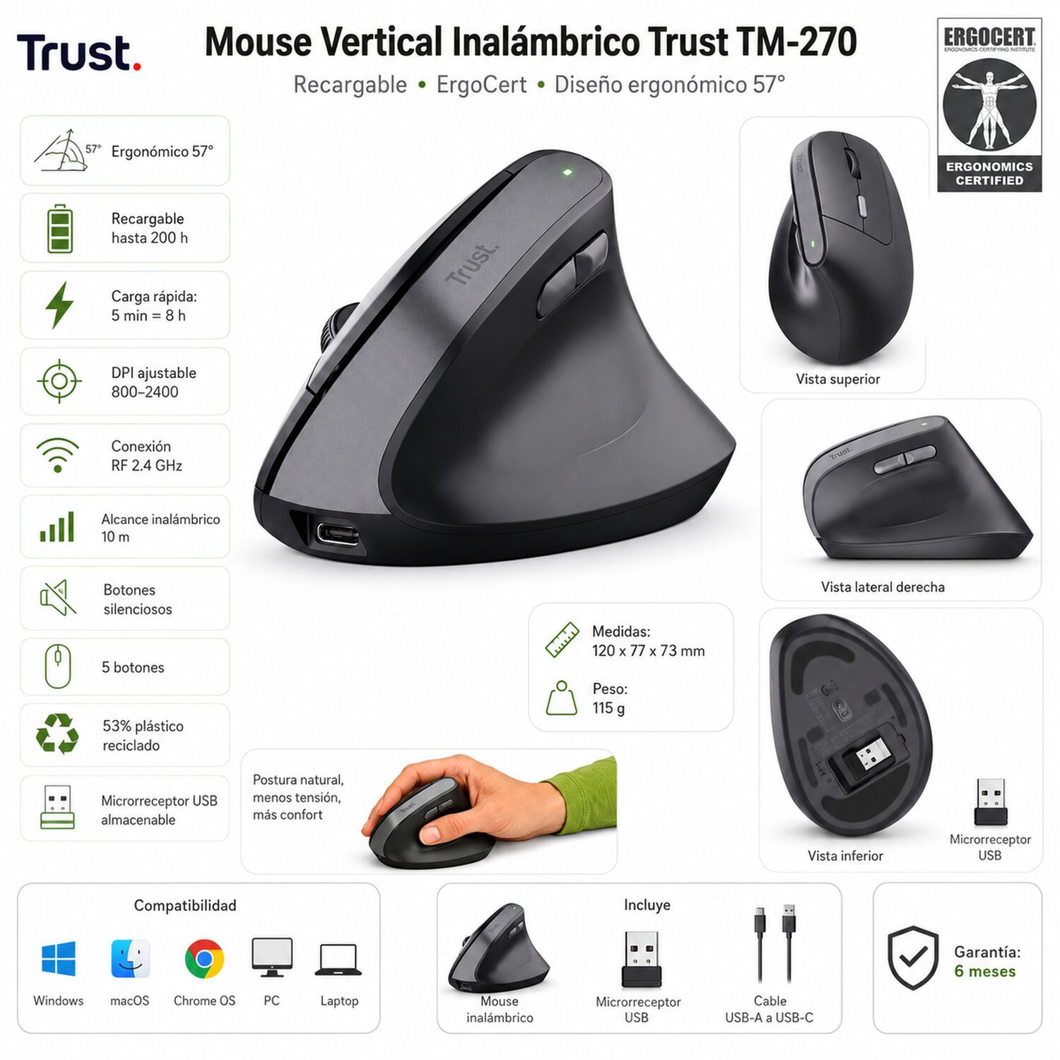 Mouse Vertical Inal&aacute;mbrico Trust Tm-270 Recargable Ergocert image number 7.0