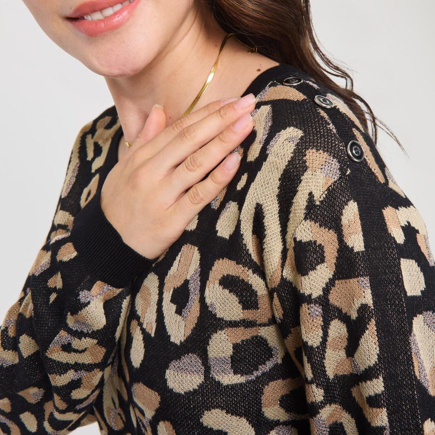 Sweater Full Print Aplicaci&oacute;n De Botones En Hombro Cuello Redondo Mujer Sexy Large image number 4.0