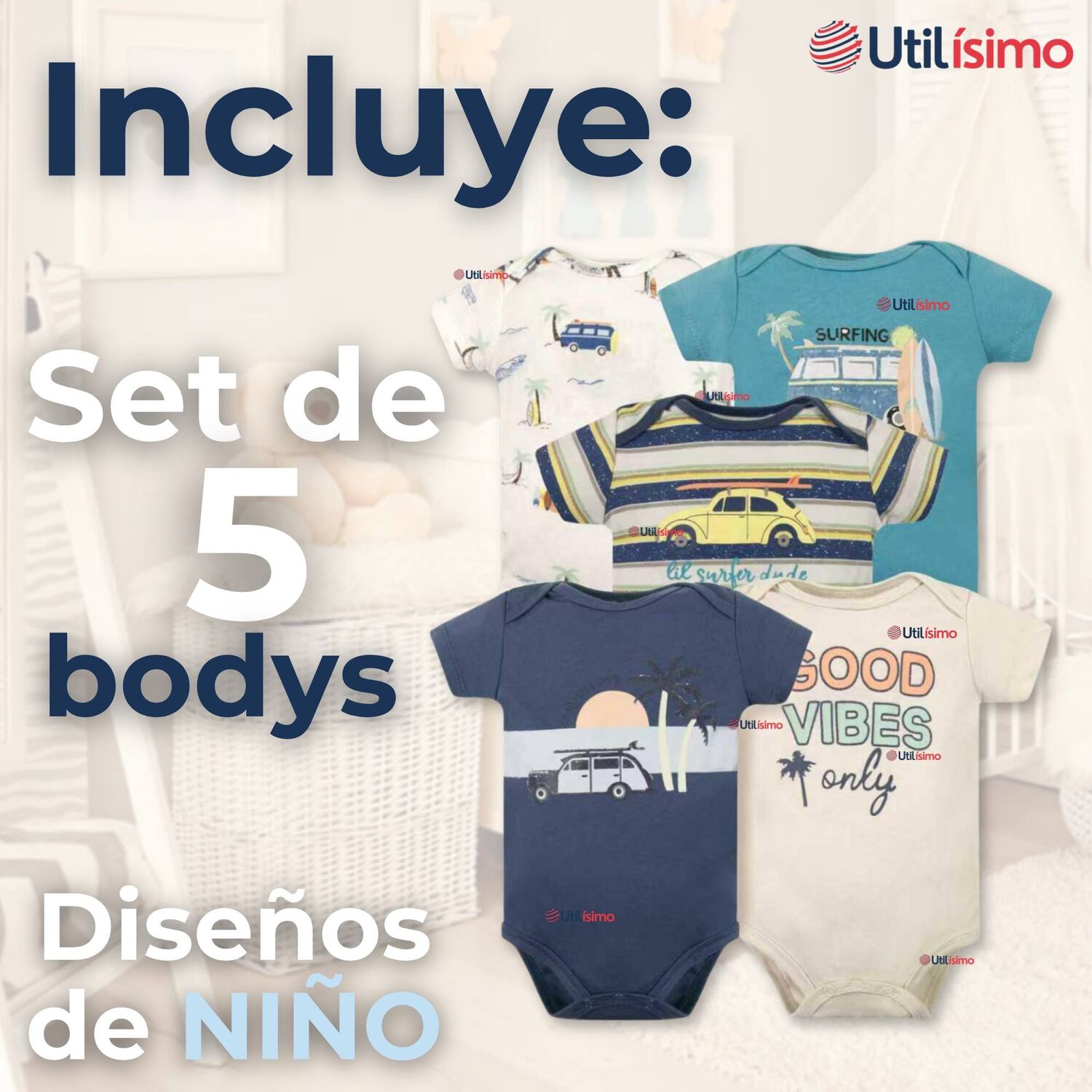 Pack 5 Bodys Ni&ntilde;o Manga Corta Tedmimak 100% Algod&oacute;n Baby On Board image number 1.0