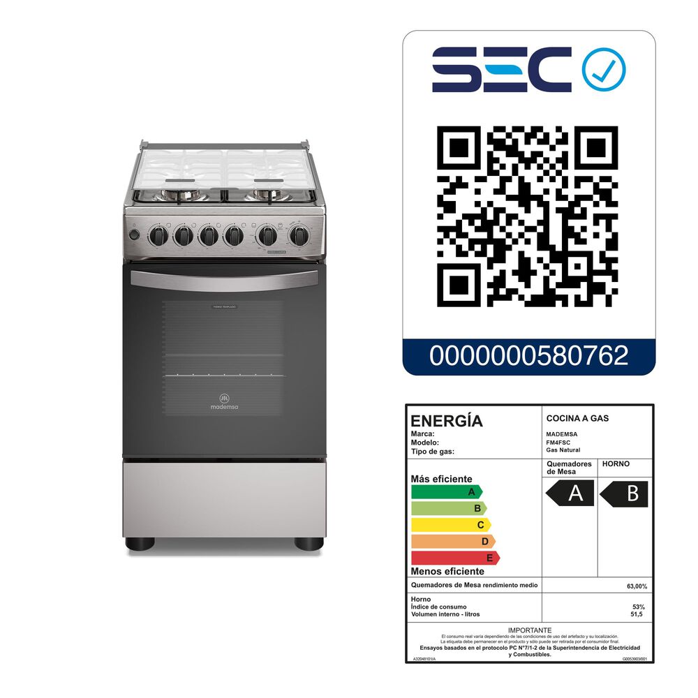 Cocina A Gas 4 Platos Horno Vapor Y Grill Fm4fsc Inox image number 2.0
