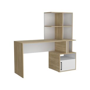 Escritorio Con Biblioteca Incorporada 1 Puerta 140 Cm Blanco Y Caf&eacute; Claro