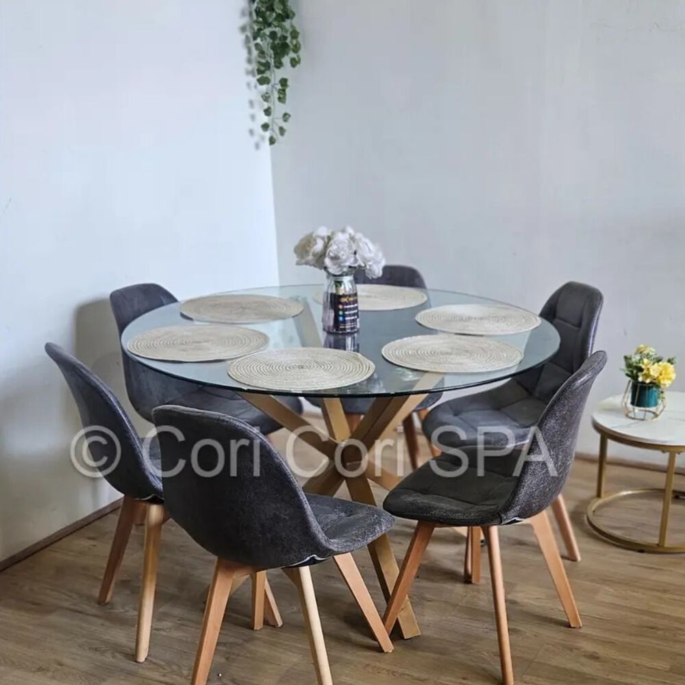 Comedor Warwick 120cm + 6 Sillas Capitonne Ecocuero Vintage Gris image number 0.0