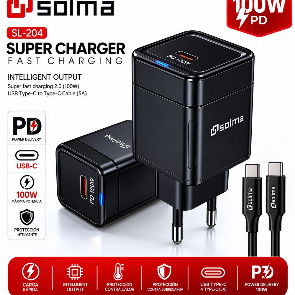 Cargador Universal Solma Pd 100w Usb-c Carga R&aacute;pida Iphone Android image number 5.0
