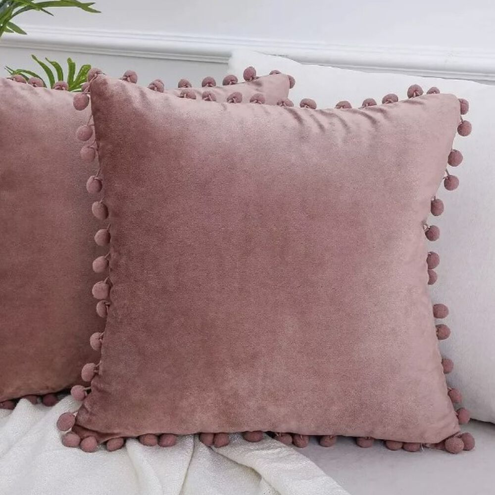 Funda De Cojines Con Pompones. Medida 45x45. Terciopelo. Palo Rosa image number 0.0