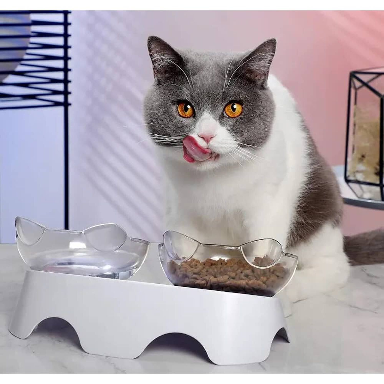 Plato Doble Para Mascotas Comedero Doble Gatos Dispensador Alimentos Agua image number 3.0