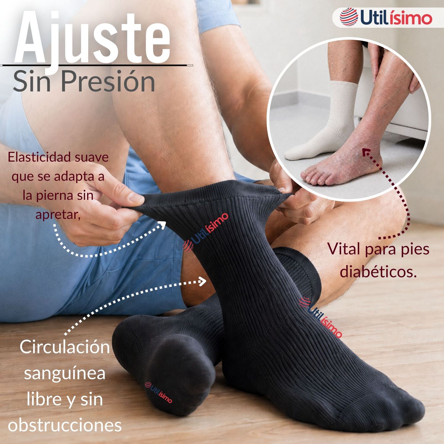 Pack 4 Pares Calcetines Diab&eacute;ticos Hombre Algod&oacute;n Suave Colores Surtidos Protecci&oacute;n image number 4.0