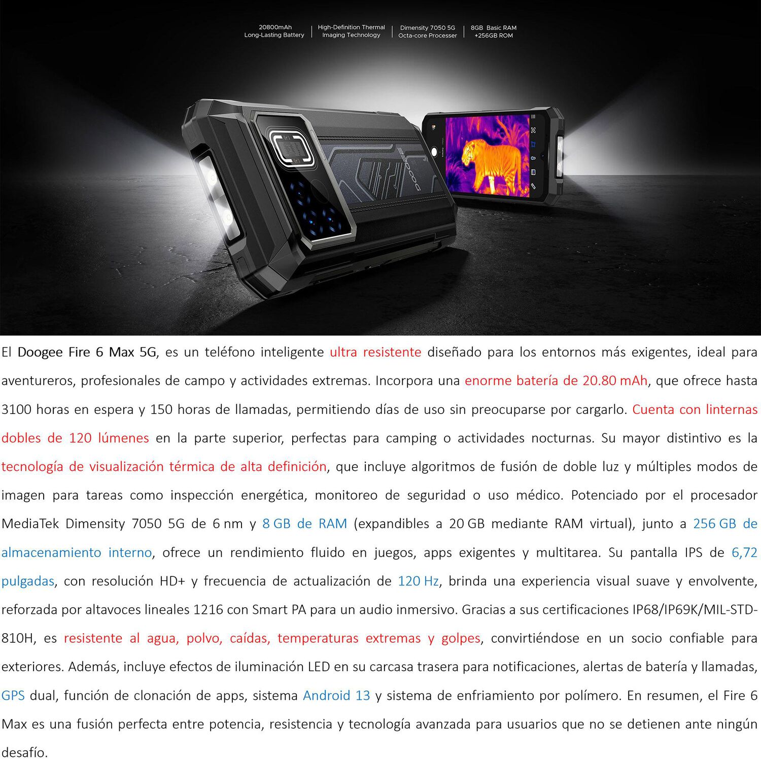 Doogee Fire 6 Max 5g Smartphone Resistente Con C&aacute;mara T&eacute;rmica Y Bater&iacute;a De 20.800mah image number 1.0