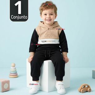 Conjunto 2 Piezas Buzo Pantal&oacute;n Y Poler&oacute;n Con Capucha Negro Ni&ntilde;o