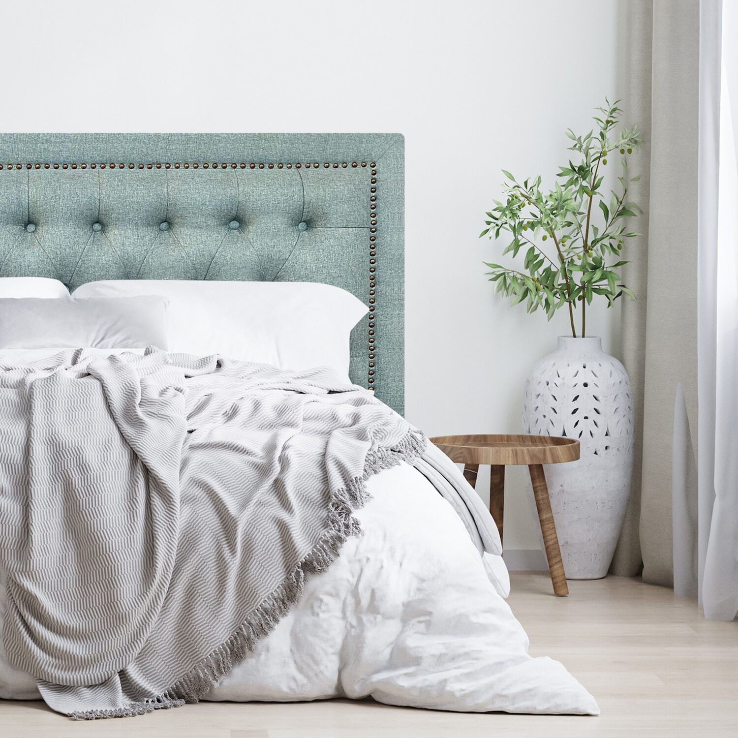Respaldo De Cama Capiton&eacute; Frame Tachas Lino Verde Jeans King image number 1.0