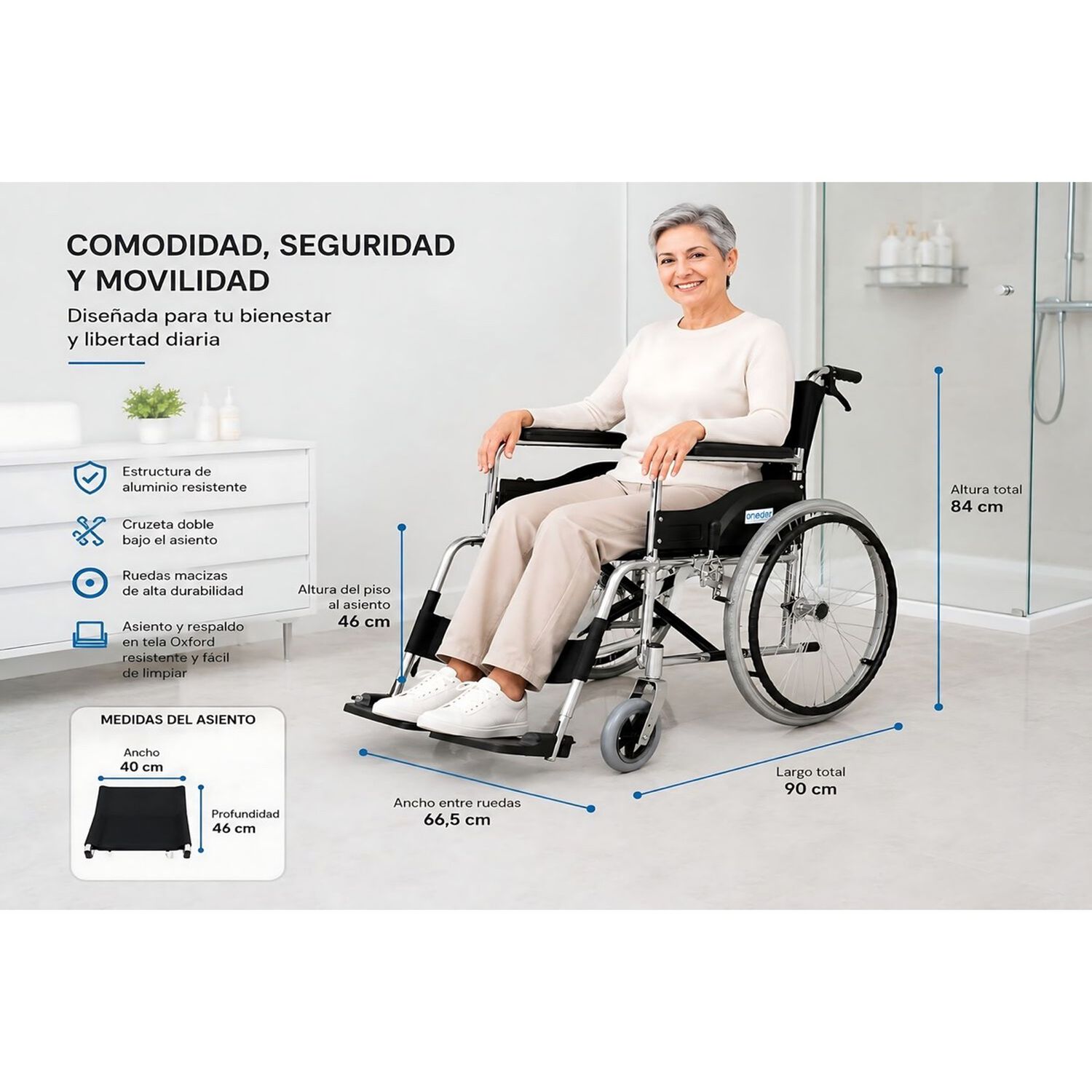 Silla De Ruedas Plegable Con Doble Freno Aluminio Liviana Oneder image number 3.0