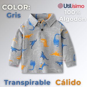 Polera Piqu&eacute; Manga Larga Ni&ntilde;o Con Estampado De Dinosaurios Gris