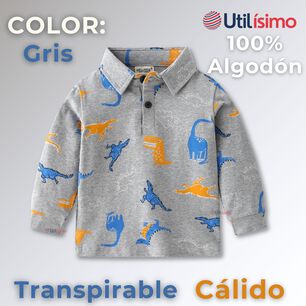 Polera Piqu&eacute; Manga Larga Ni&ntilde;o Con Estampado De Dinosaurios Gris