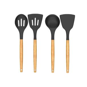Set 4 Utensilios De Cocina Silicona Madera Negro