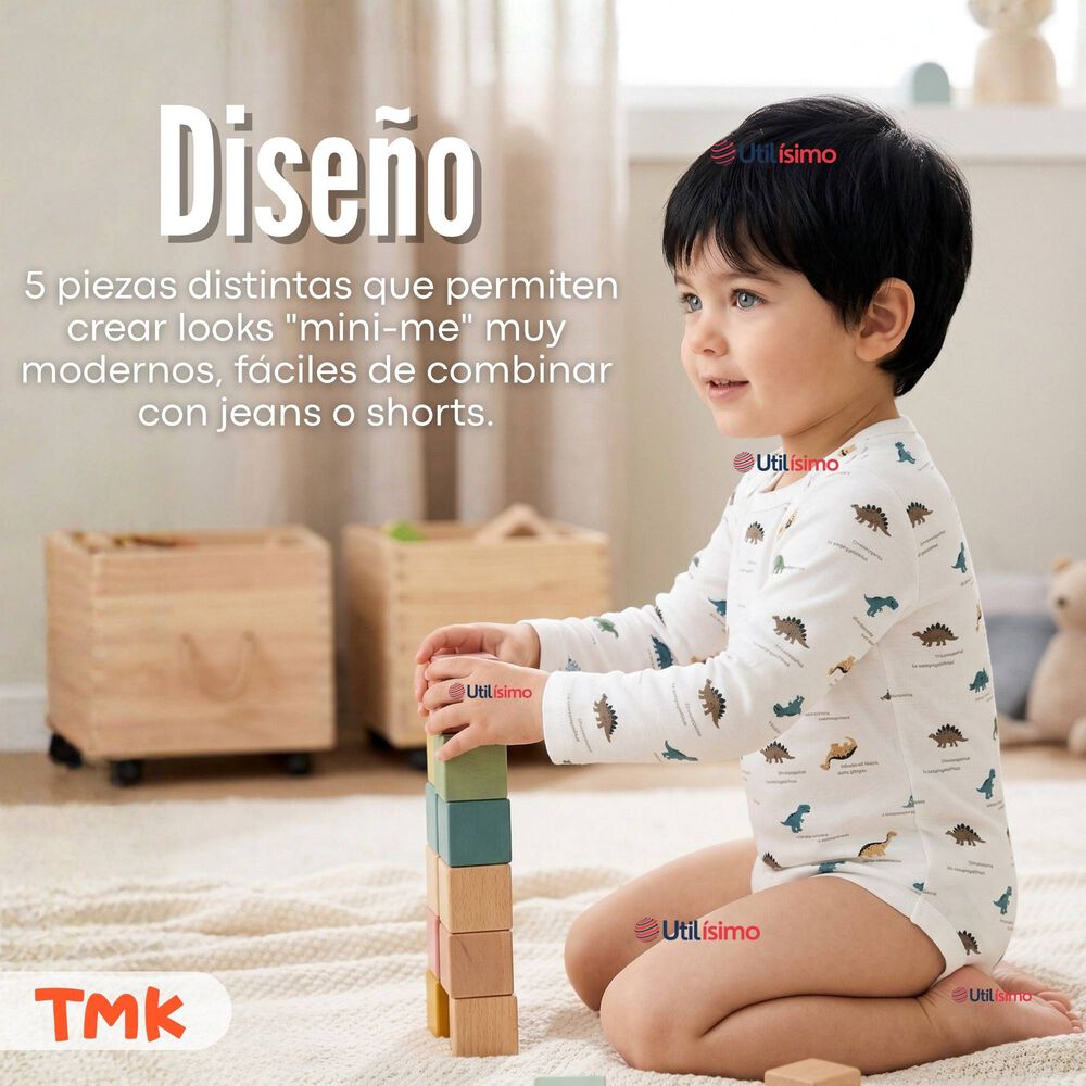 Pack 5 Bodys Manga Larga 100% Algod&oacute;n Beb&eacute; Ni&ntilde;o Dino Aventure image number 8.0