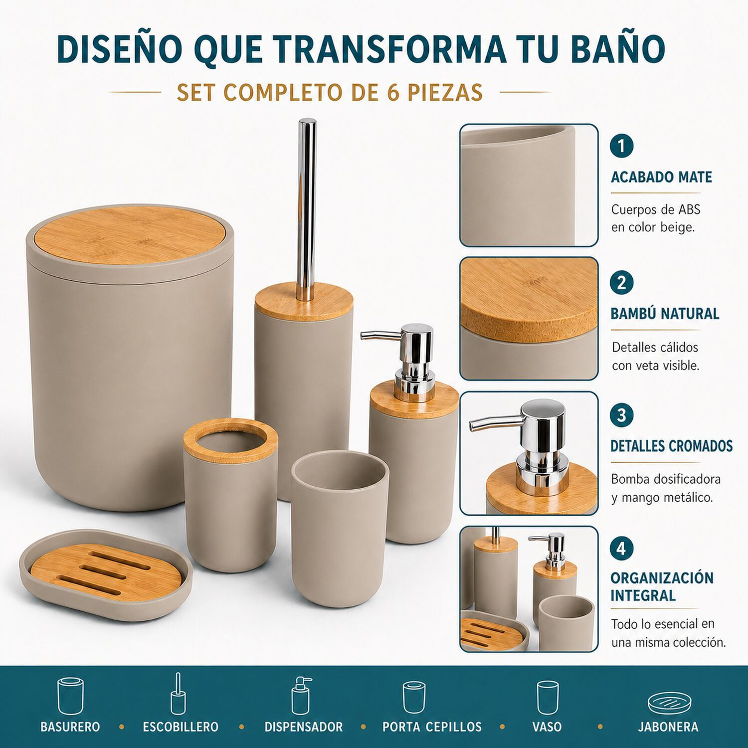 Set De Ba&ntilde;o Completo 6 Piezas De Abs Y Bambu Color Taupe Con Basurero Dispensador Y Escobilla image number 1.0