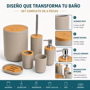Set De Ba&ntilde;o Completo 6 Piezas De Abs Y Bambu Color Taupe Con Basurero Dispensador Y Escobilla