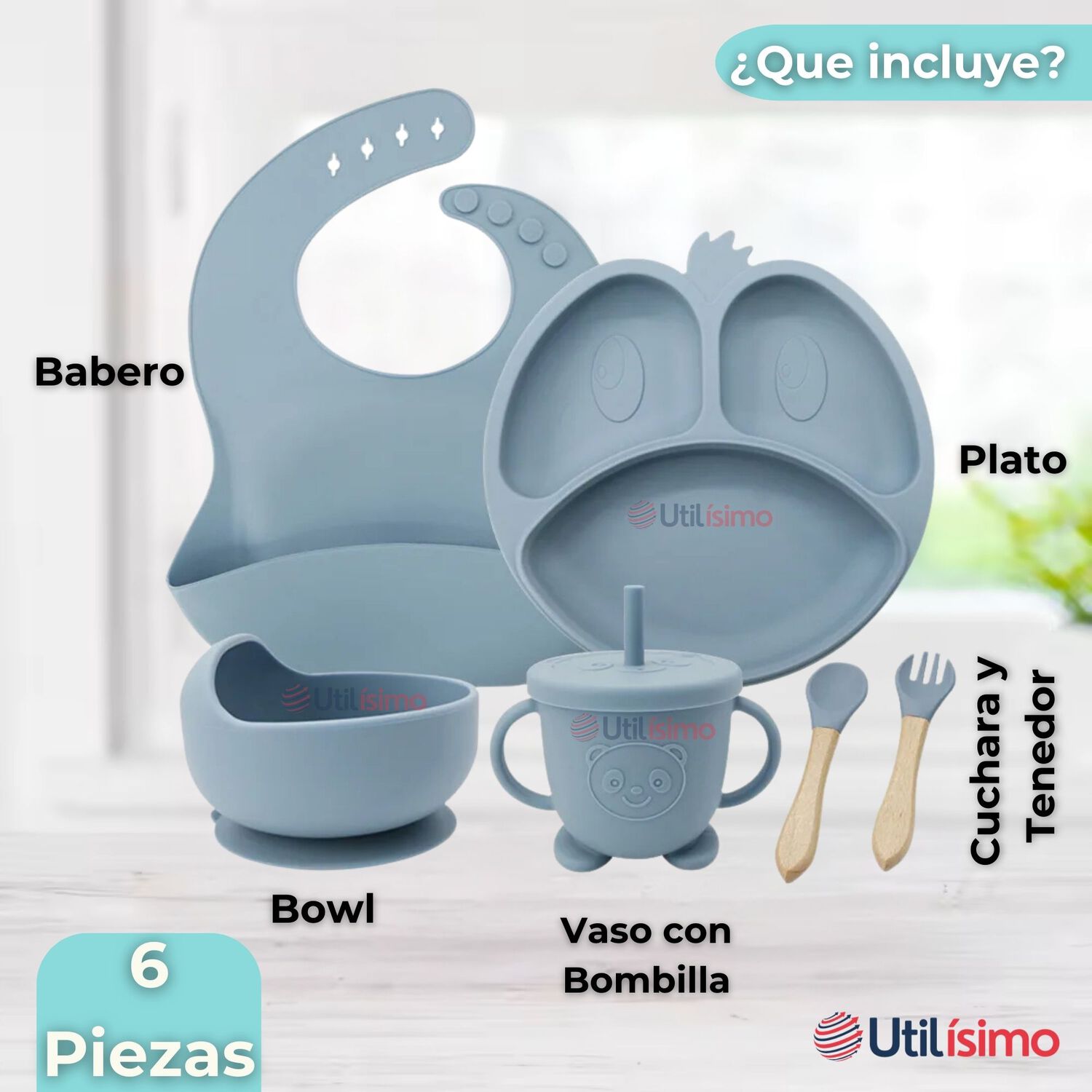 Set De Alimentaci&oacute;n Beb&eacute; Silicona De Formas 6 Piezas Libre Bpa Color Celeste image number 6.0