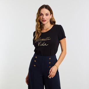 Polera Print Delantero Fozalizado Manga Corta Cuello Redondo Mujer Kimera