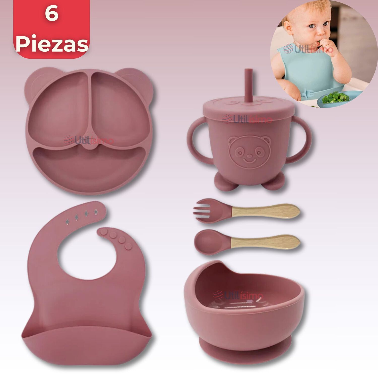 Set De Alimentaci&oacute;n Beb&eacute; Silicona De Oso 6 Piezas Libre Bpa Color Rosa Oscuro image number 0.0