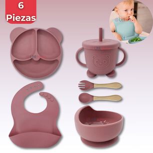 Set De Alimentaci&oacute;n Beb&eacute; Silicona De Oso 6 Piezas Libre Bpa Color Rosa Oscuro