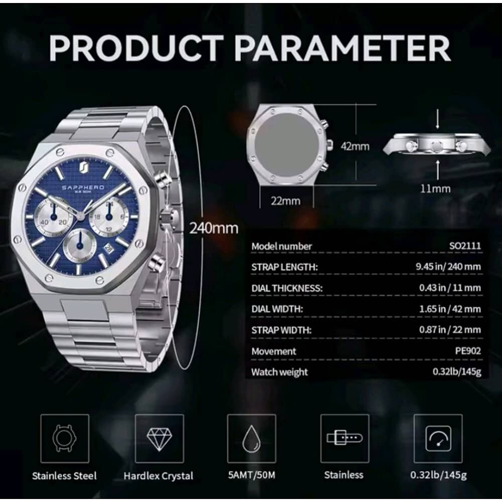 Reloj Sapphero Hombre Cronografo Acero Inoxidable Cuarzo image number 1.0