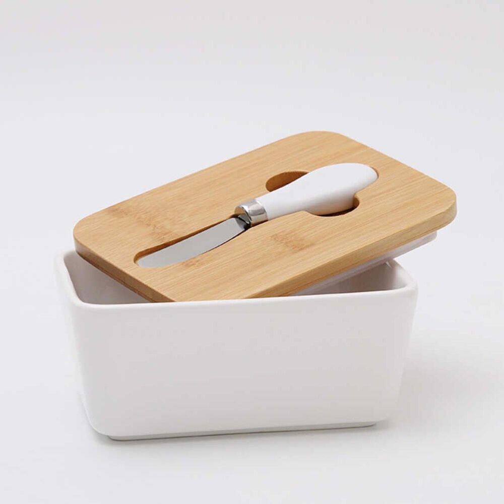 Mantequillero De Cer&aacute;mica Con Tapa De Madera image number 1.0